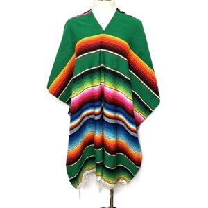 Source Unknown Green Multi-Color Mexican Serape Poncho